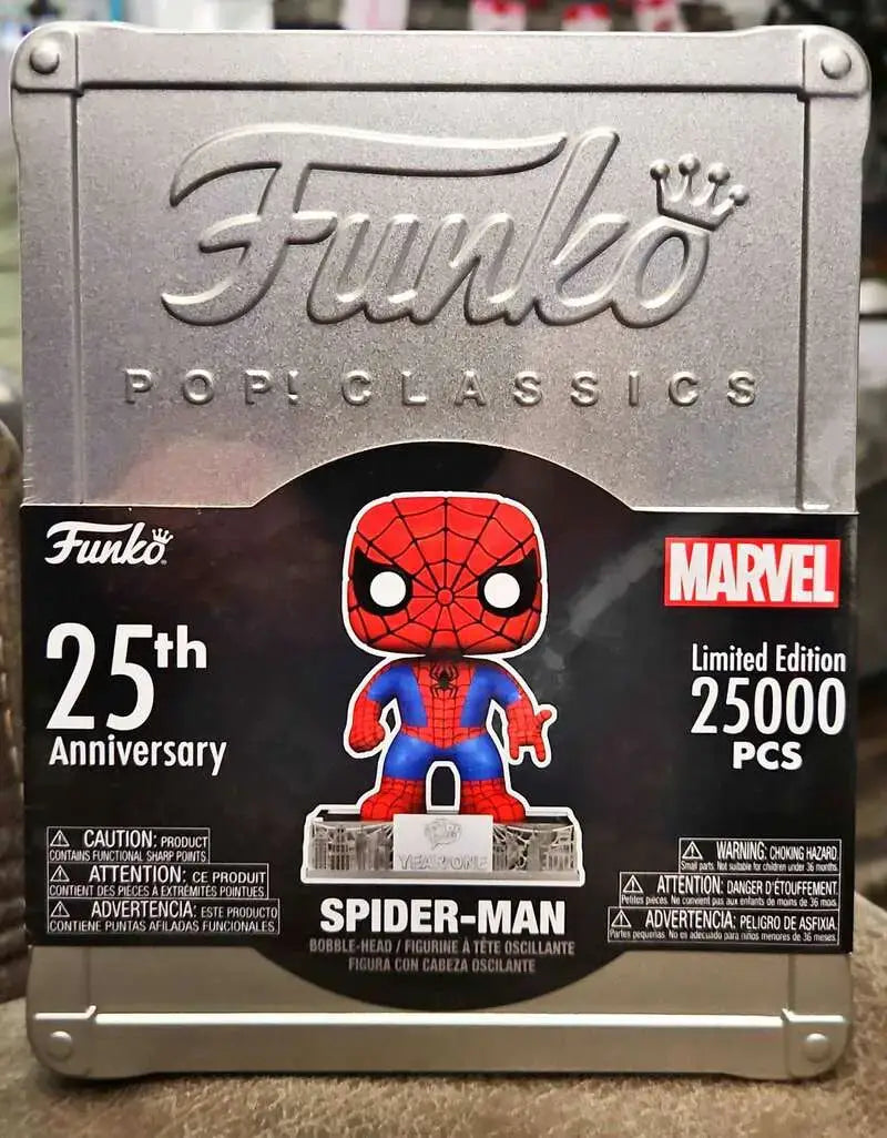Spiderman 25th Anniversary Funko Pop with box shadow and border radius in background image.