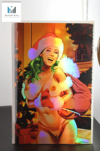 Virgin variant trading card featuring a woman in a Santa hat; perfect for comics fans