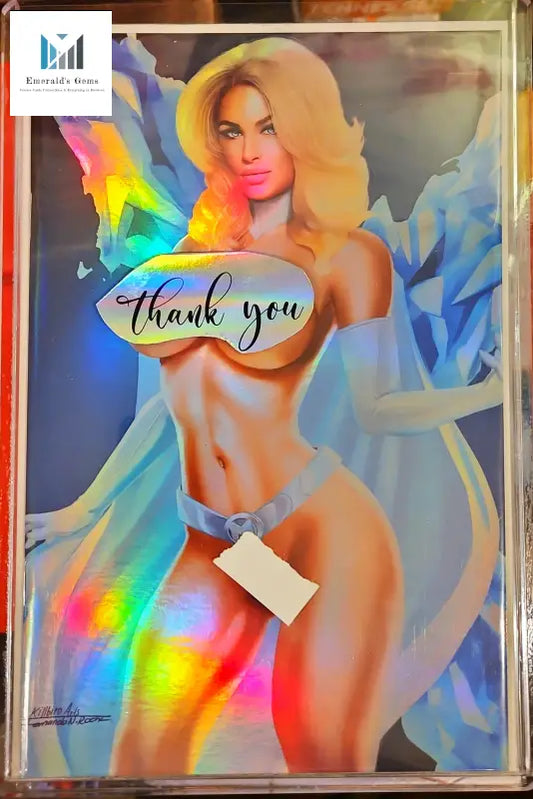 Emma Frost cosplay trading card featuring woman in dress from X-Men