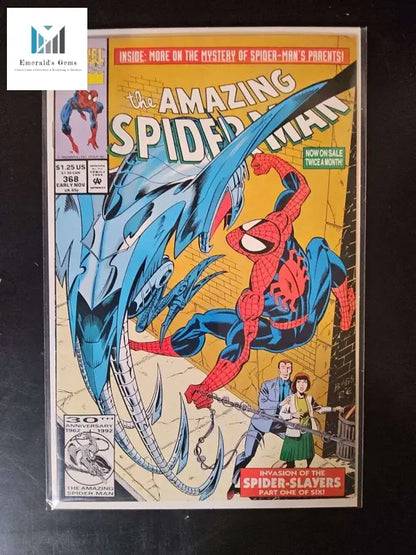 Close-up of Amazing Spider-Man Comic: Invasion Begins! with Spider-Man flying through the air