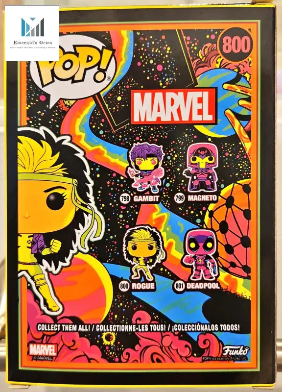 Close up of Marvel X-MEN Rogue Blacklight Funko Pop! poster on wall with pop figures