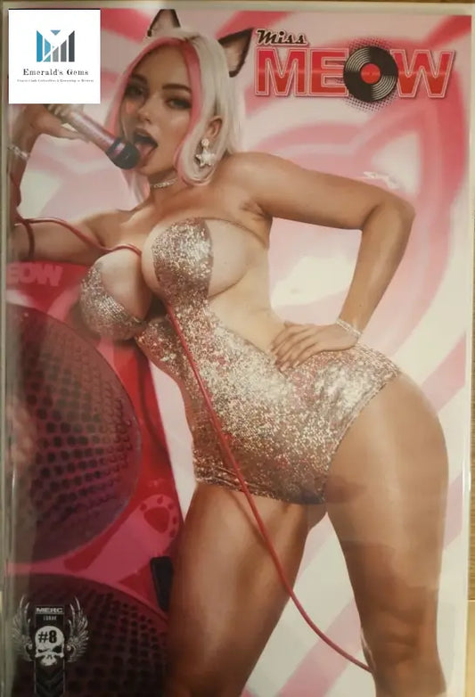 Miss Meow #8 comic cover, bikini-clad woman, virgin variant trading card edition