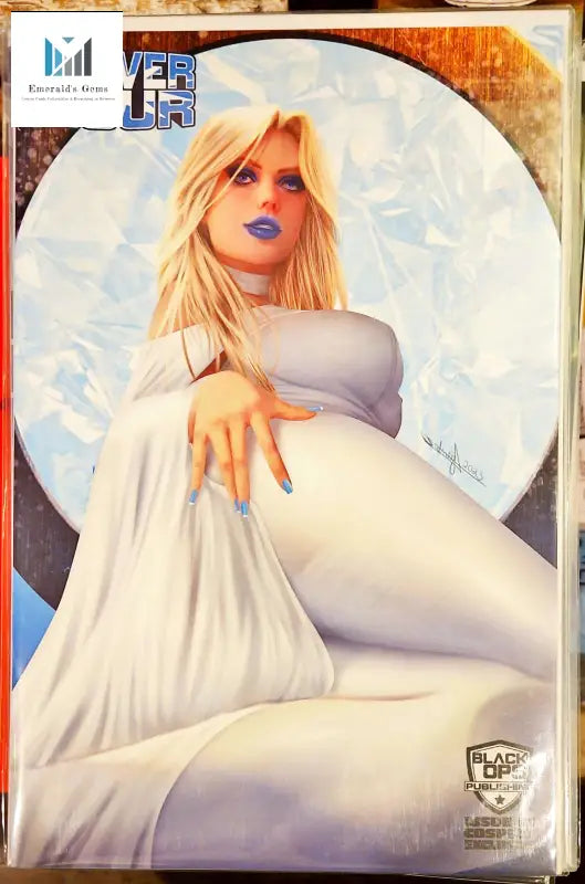 Pregnant woman in white dress featured in Emma Frost Snow Queen Comic Variant - Collectible Power Hour by artist Sidney Augusto