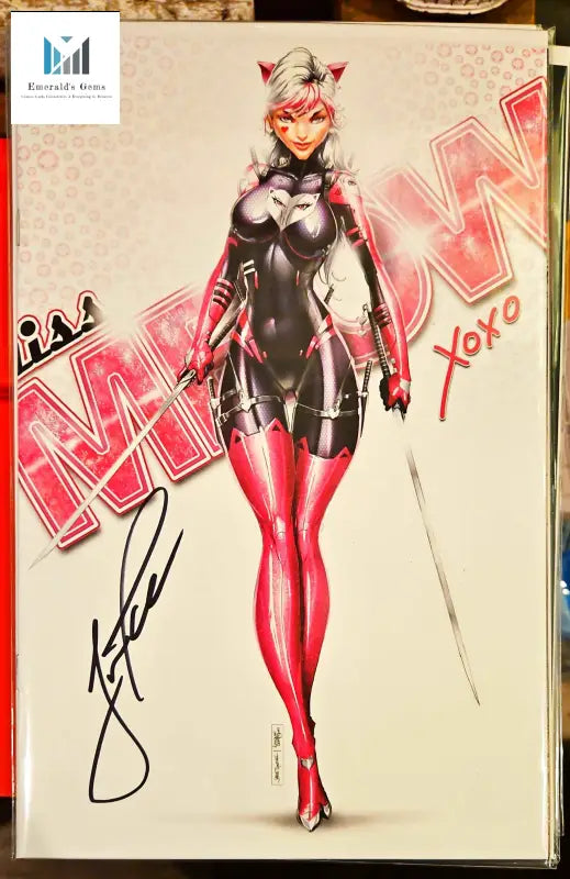 Miss Meow #2 Jamie Tyndall XOXO Variant Trading Card featuring signed photo of woman in red outfit
