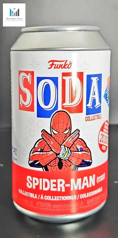 Spiderman TV Edition Funko Soda Figure can sitting on a table