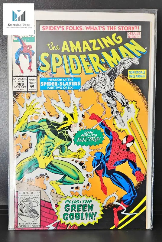 Cover of Amazing Spider-Man #369 featuring Spiderman and Green Goblin in an electrifying battle
