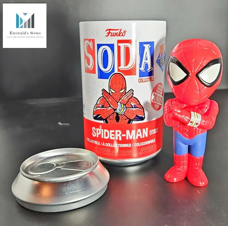 Spiderman TV Edition Funko Soda Figure toy next to soda can